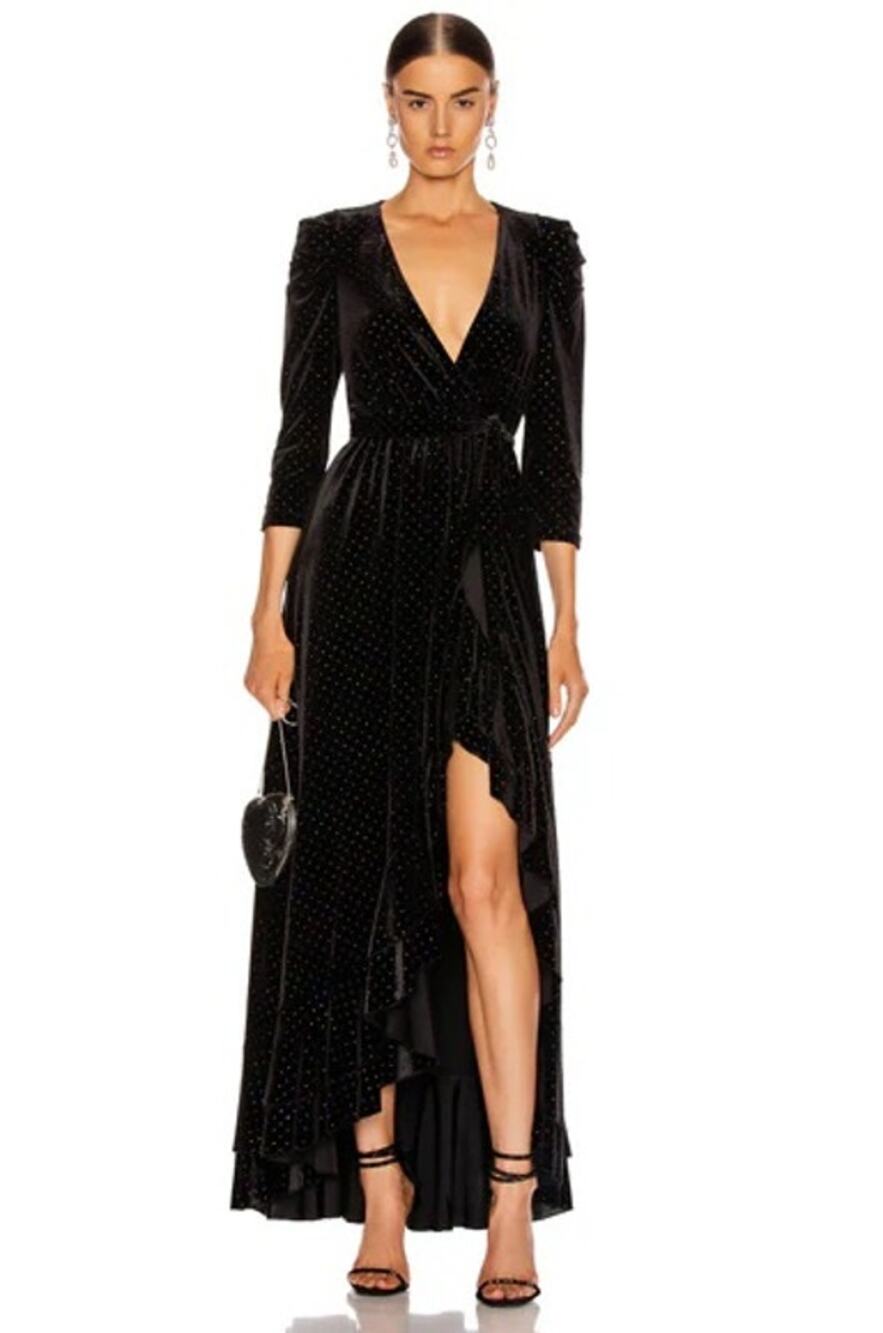 Retrofête Flora Black Velvet Polka Dot Wrap Dress Women’s Size Small